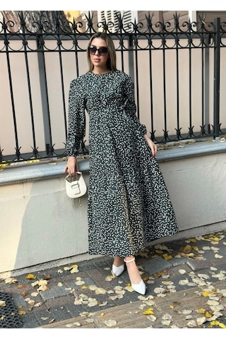 Defymoda Kadın Uzun Kollu Bisiklet Yaka Papatya Desen Kuşak Dahil Maxi Boy Elbise Siyah