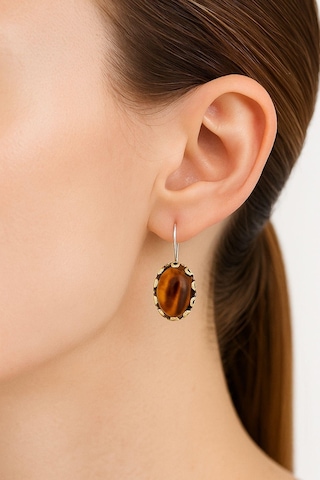 Lale Serisi El İşi Kahverengi Kaplangözü Taşlı Gümüş Kadın Küpe Gümüş