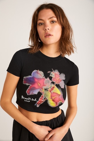 Ethıquet Jess Kadın Önü Baskılı Kısa Kollu Crop Siyah T-shirt