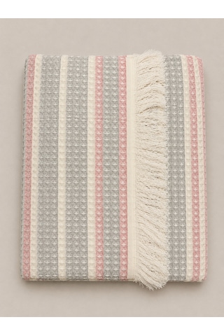 Tek Kişilik Pamuklu Pike 175x215 Cm Püsküllü Dokuma Yatak Örtüsü Çizgili Pembe