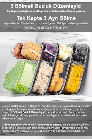 8'li Dikdörtgen 3 Bölmeli Saklama Kabı - Mikrodalga Uyumlu Organizer Derin Dondurucu Erzak Kabı Gri
