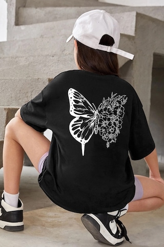 Uyguntarz Çocuk Flower Butterfly Baskılı Pamuklu Tshirt Siyah