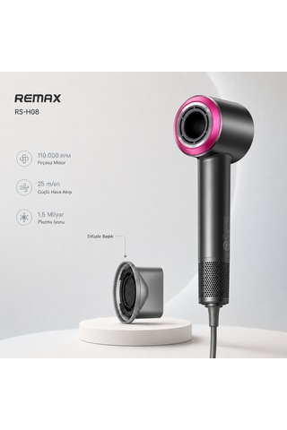 Remax Rs-H08 Yüksek Hızlı Akıllı Plazma Saç Kurutma Makinesi - İyonik 110.000 Rpm Hızlı Kurutma Gri