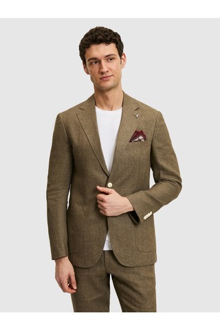 Cacharel Haki Slim Fit %100 Keten Mikro Desen Mono Yaka Ceket Yesıl