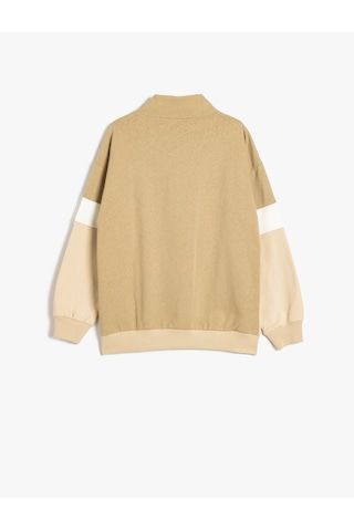 Koton Sweatshirt Dik Yaka Yarım Fermuarlı Uzun Kollu Renk Bloklu Şardonlu Deve Tüyü 5wkb10228tk Taba
