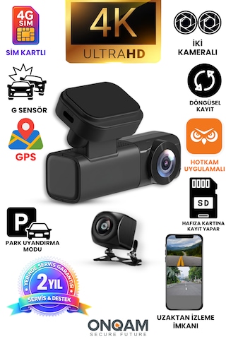 2 Kameralı 4k Sim Kartlı Uzaktan İzlenebilen Araç Kamerası Güvenlik Kamerası