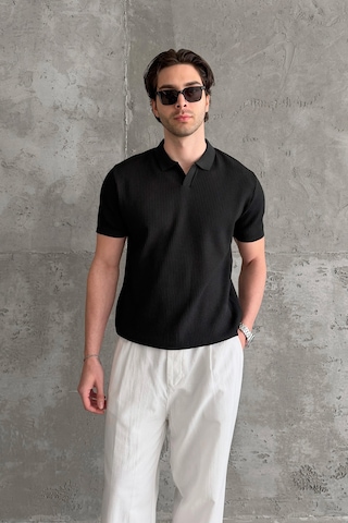 Erkek Petek Desen Polo Yaka Triko T-shirt Siyah