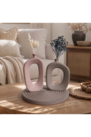 El Yapımı Modern Bohem Beton Vazo Seti Dekoratif Kemerli İkili Vazo & Yuvarlak Altlık Premium Seri Mocca-vizon