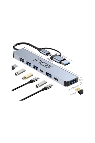 Inca Iutp-7t Usb+type-c Girişli Usb 3.0+4x Usb 2.0 Type-c 5v 2x Type-c 100w Çoklayıcı