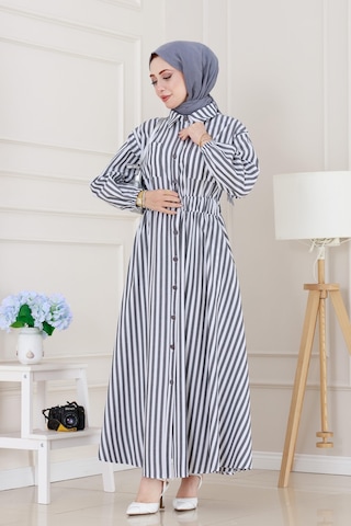 Sevitli Çizgili Cepli Tesettür Elbise-siyah-5132 Siyah