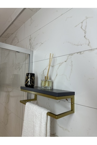 lyla concept Fulya Banyo Ahşap Raflı Gold Metal Havlu Şal Askılık Antrasit Raf Gold