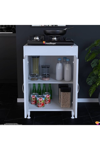 Aymen 60 Cm 2 Kapaklı Mutfak Dolabı - Set Üstü Ocak Altı Seyyar Raflı Kiler Modülü Beyaz