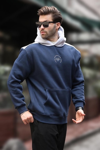 Madmext Lacivert Kapüşonlu Renk Bloklu Nakış Detaylı Erkek Sweatshirt 7088 Lacivert