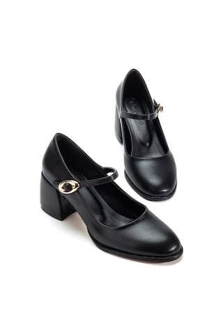 Siyah Kadın Kalın Topuklu Ayakkabı Baretli Vardola Kalın Tokalı-4340 Siyah