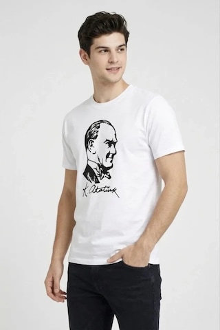 Valensdesign Erkek Atatürk Baskılı Tişört Kısa Kollu Bisiklet Yaka T-shirt - Beyaz