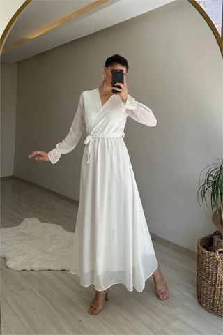 Neşeli Butik Kadın Uzun Kollu Kuşaklı Maxi Şifon Elbise Nm001 Beyaz