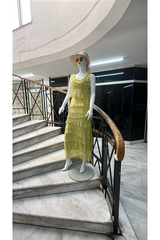 Italyan 2 Beden İnce Gösteren Kat Kat Sıfır Kol İpek Elbise-8769 Koyu Sarı