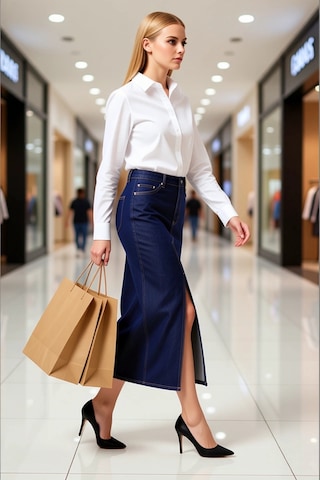 Benerly Kadın %100 Pamuk Denim Midi Etek Yırtmaçlı A Kesim Fonksiyonel Da Koyu Mavi