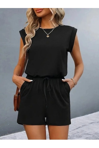 DefyModa Kadın Kısa Kollu Vatkalı Belden Bağcıklı Kısa Viskon Tulum Siyah