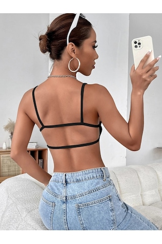 Liona Kadın Siyah Renk Sırtı Açık İpli Sütyen Stil Super Crop Mini Büstiyer 001
