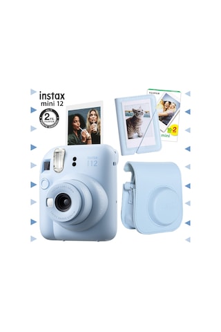 Fujifilm Instax Mini 12 Fotoğraf Makinesi + 20'lu Film + Mini Albüm + Deri Kılıf Seti Mavi