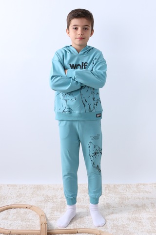 Erkek Çocuk Kapşonlu Eşofman Takımı 4 Mevsim Wolf Baskılı Ribanalı F12 Mavi