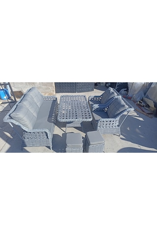 Neps Metal Gri Rattan Bahçe Ve Balkon Takimi 3+1+1 Arti Masa 2 Puf Minder Ve Temperli Cam
