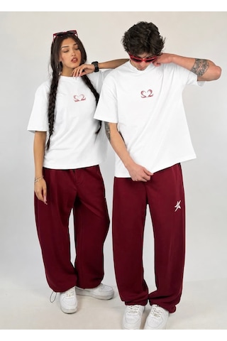 Zaee 2m Motive Taşlı Oversize T-shirt Kiraz Kırmızısı