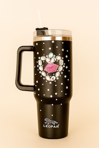 Pipetli 1,2 Litre Kulplu Çelik Termos Renkli Üzeri Taş İşlemeli - Siyah Siyah