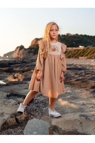 Kız Çocuk Pamuklu Çiçek Dantelli Turvakar Kol Elbise-12661-camel Camel