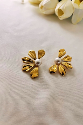 İncili Çiçek Gold Küpe Çok Renkli