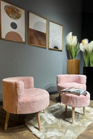Elegant Comfort Pamuk Şeker Pembesi Çay Seti Ve Peluş Ikili Berjer & Puf Takımı - 3'lü Set