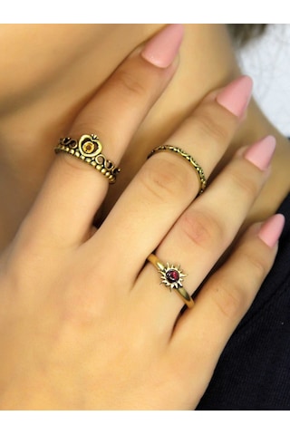 Doğal Taşlı 3'lü Garnet Lal Doğal Taşlı Güneş Modelli Kadın Ayarlanabilir Yüzük Seti Euy85 Kırmızı