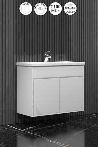 Çiğdem Asma 80 Cm Beyaz Mdf Lavabolu Banyo Alt Dolabı Beyaz