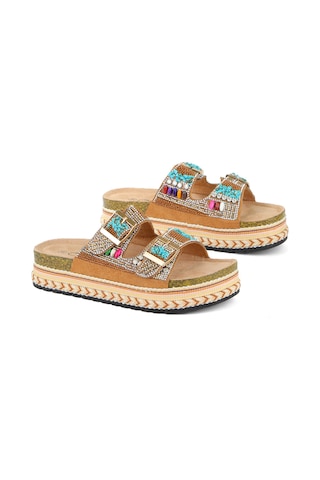 Guja 25y103 Kadın Mantar Platform Taban Taşlı Çift Tokalı Comfort Terlik Camel Fuşya