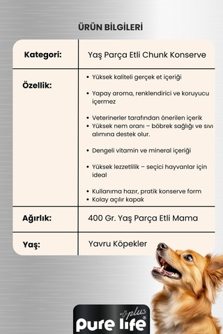 Purelife Plus 24'li Kuzulu Yetişkin Konserve Chunk Parça Etli Yaş Mama 400 G