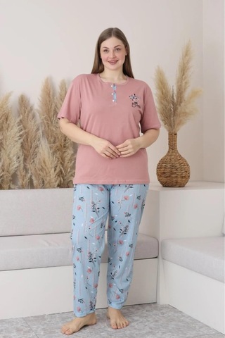 Sude Kadın Büyük Beden Düğme Yaka Penye Kısa Kol İnce Pijama Takımı P127 - 1 Adet Pudra