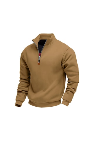 Edwardest Amerikan Tarzı Artı Kadife Sıcak Erkek Dik Yaka Uzun Kollu Yarım Fermuarlı Spor Gündelik Sweatshirt Kahverengi