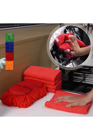 Honeybeeshop 6 Adet Mikrofiber Araba Yıkama Seti Yeşil Chenille Sünger 5 Havlu Süper Emici Çiziksiz