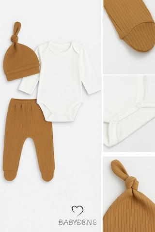 Babyden's 3'lü Bebek Zıbın Takımı Uzun Kollu Body, Patikli Pantolon Ve Şapka %100 Pamuk Fitilli Ribana Kumaş Kahverengi