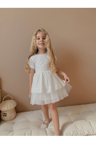 Lace Fistolu Ekru Elbise Ekru