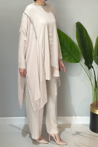 Nuss Tül Detaylı Pantolonlu Takım 3002 Bej Bej