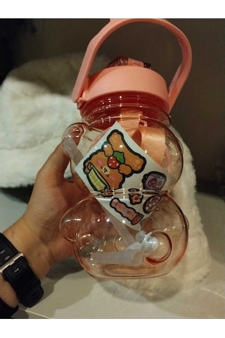 Ayıcıklı Matara 1000 Ml, Şeffaf Su, Suluk, Okul, Ofis, Seyahat, Bpa İçermez Pembe Plastik Diğer