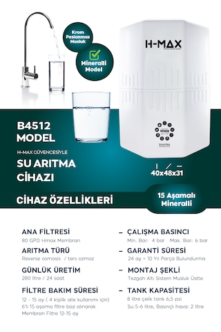 12 L Çelik Tank 15 Aşama Multi Mineral Su Arıtma Cihazı Hmaxb4512