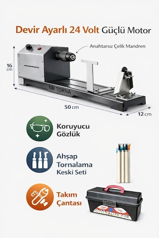 24 Volt Devir Ayarlı Çelik Mandrenli Hobi Torna Makinesi