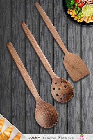 Doğal Ceviz Ağacı Ahşap Tahta Kaşık Seti Ağaç Kaşık 3 Lü Set 06 Ahşap