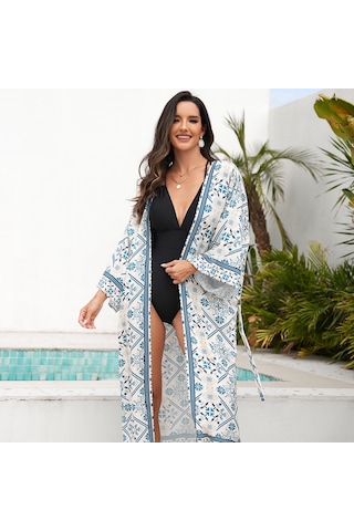 Kadınlar Plaj Tatili Baskılı Şal Bikini Güneş Korumalı Pareo Mavi