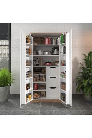 90 Derece Açılabilir 2 Kapaklı, 3 Çekmeceli, Kavanoz Raflı Kiler Ve Erzak Mutfak Dolabı Atlantik Çam Beyaz