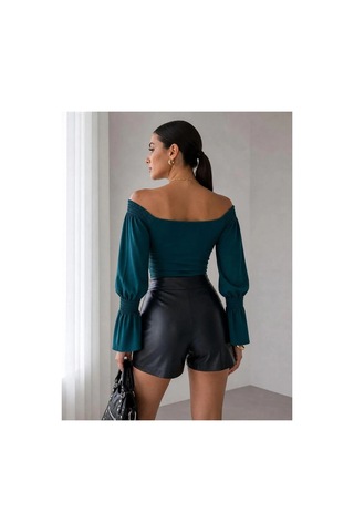 Angbutik Kadın El Emeği Kayık Yaka Büzgülü/fırfırlı Kol Crop Bluz ZÜMRÜT