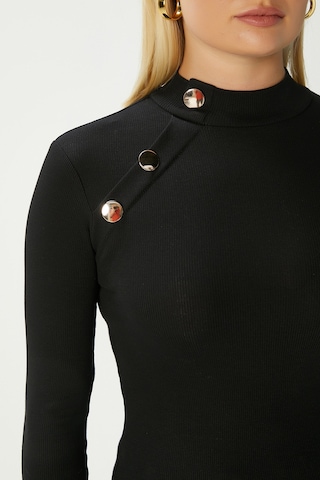 Kadın Gloria Gold Düğmeli Uzun Kollu Siyah Fitilli Pamuk Bluz Siyah